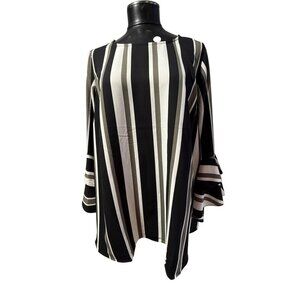 ALFANI Woman 2X Blouse Top Black White Olive Vertical Stripe Bell Sleeve Tunic